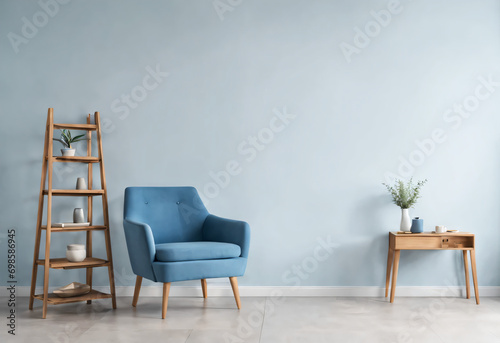 The interior with a blue armchair on empty white light blue background, 3D rendering © Pixels Views