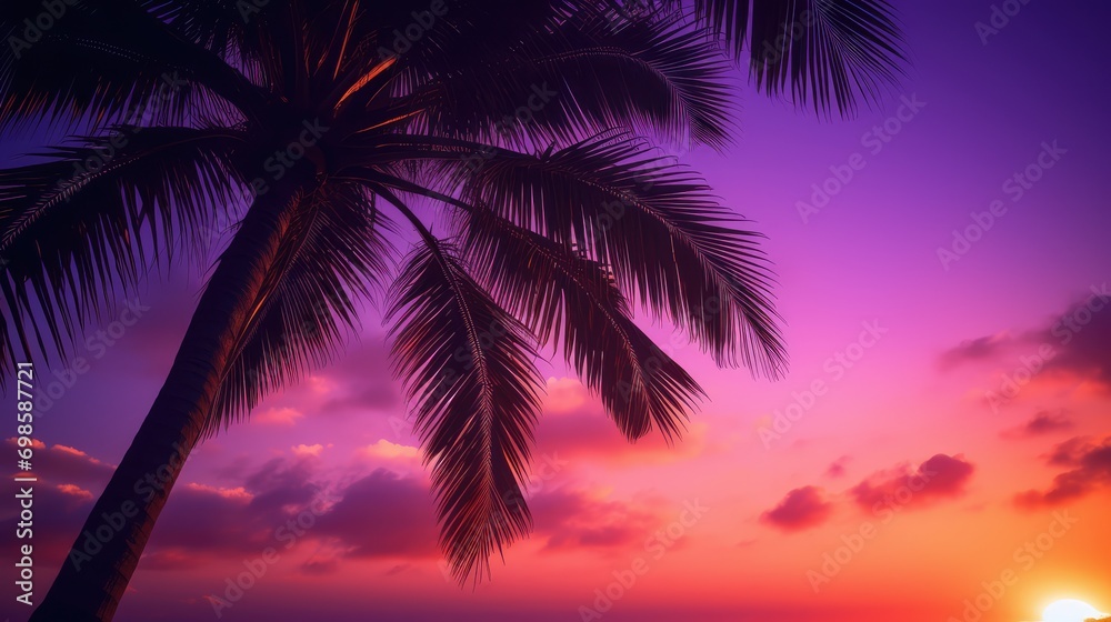 Palm tree on vibrant purple sky background. AI generated.