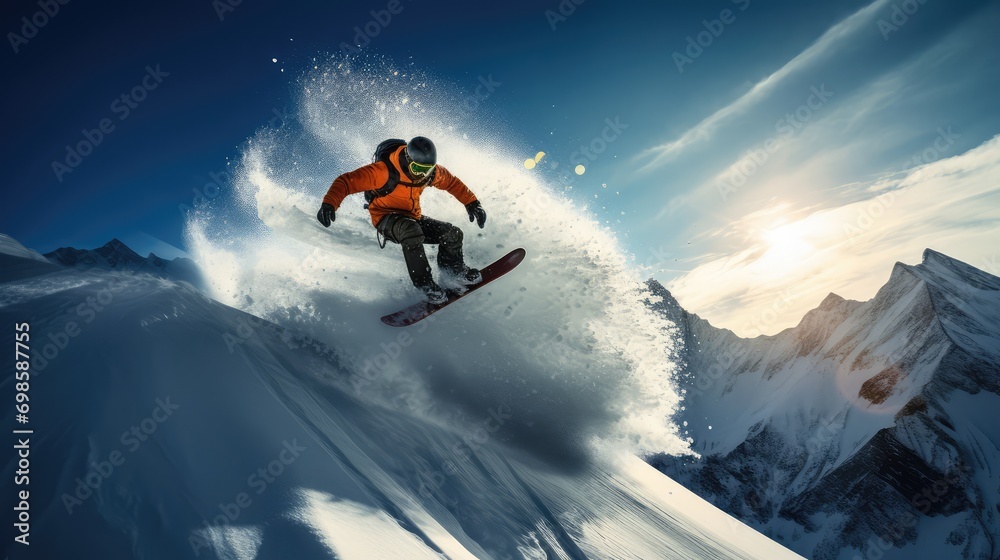 Snowboarder jump. Extreme downhill ride. AI generated.
