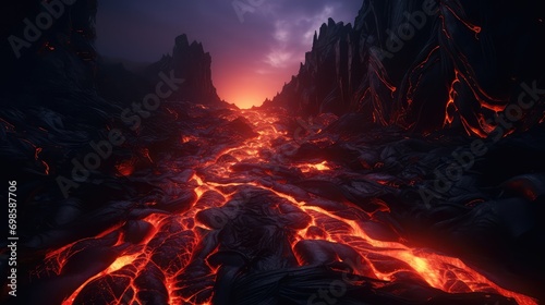 Hot red lava flowing. AI generated.