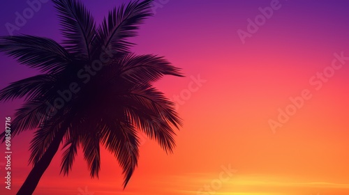 Palm tree silhouette at bright purple sunset. AI generated.