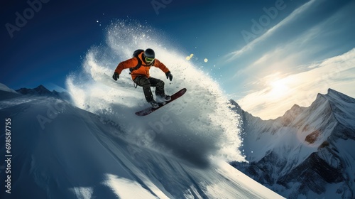 Snowboarder jump. Extreme downhill ride. AI generated. © Viktor