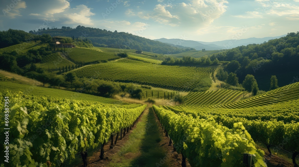 Beautiful green vineyard landscape. AI generated.