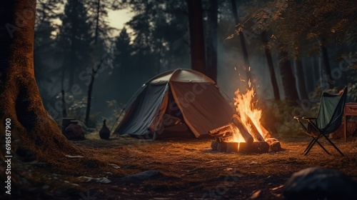Camping in the forest at night. AI generated.