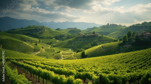 Stunning green vineyard landscape. AI generated.