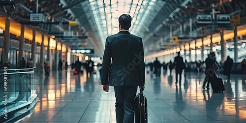 Businessman at airport presumably during business trip or travel. Dressed in professional suit and carries suitcase suggesting journey for work purposes © Bussakon