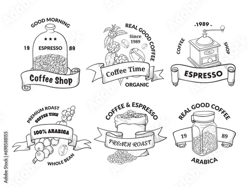 Coffee shop engraved label black monochrome badge for caffeine goods set vector illustration