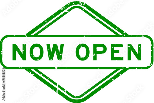 Grunge green now open word rubber seal stamp on white background