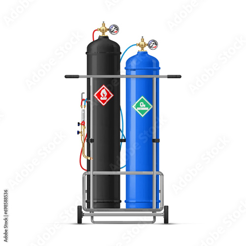 Oxy acetylene cutting gear torch welding gas bottle realistic vector illustration
