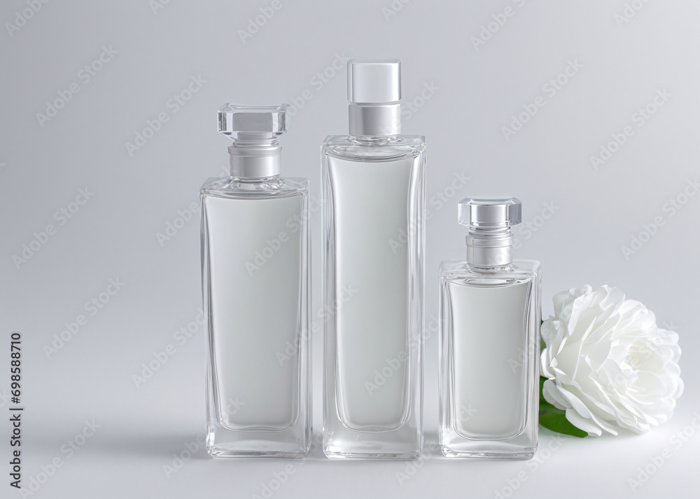 Two bottles of perfume on a white surface. Two bottles of perfume on a white surface.