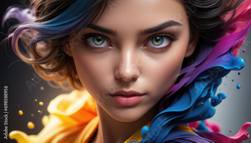 AI generated illustration of Beautiful girl with colorful hair , stunning eyes . 