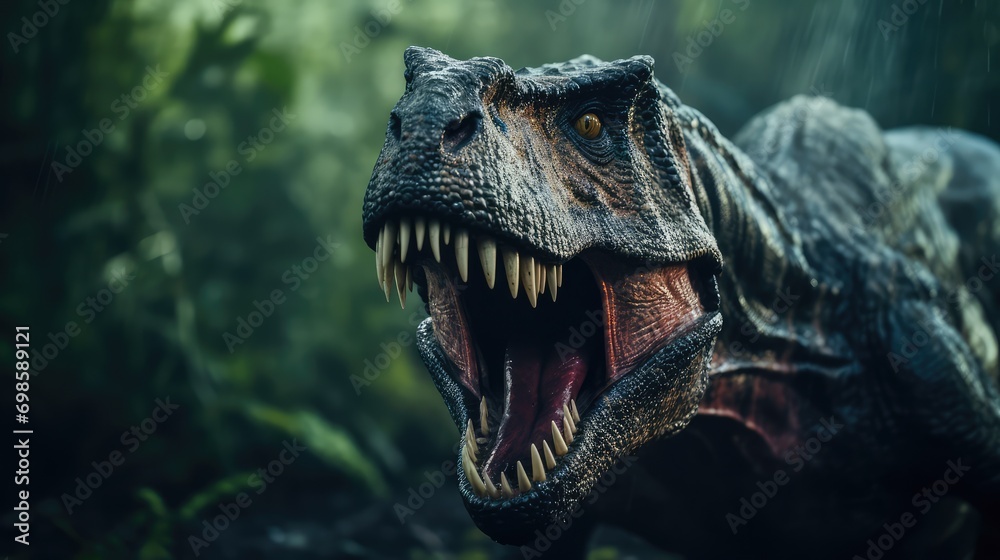 Fototapeta premium Roaring Tyrannosaurus Rex with big sharp teeth. AI generated.