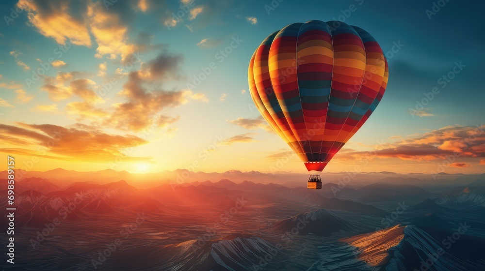 Fototapeta premium Colorful hot air balloon flying on sunset background. AI generated.