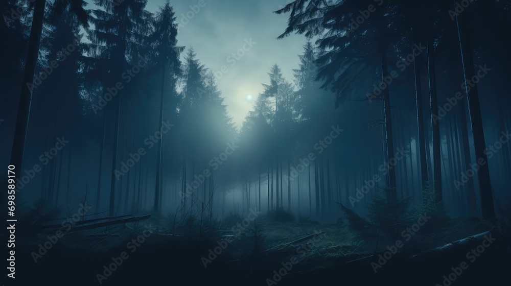 Foggy forest at night time. AI generated. - obrazy, fototapety, plakaty 