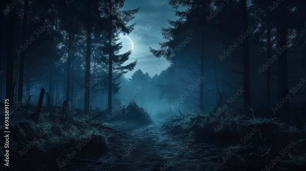 Fototapeta premium Misty forest at night time. AI generated.