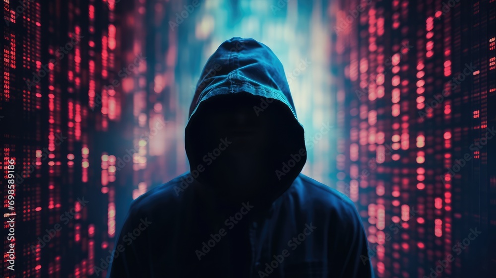 Hooded hacker with covered face. AI generated. Hooded hacker with covered face. AI generated.