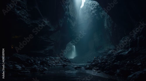 Dark deep cave view. AI generated.