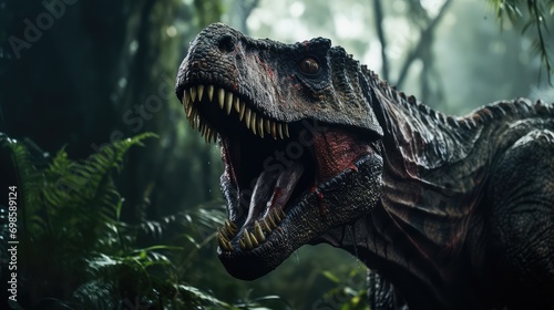 Tyrannosaurus Rex with big sharp teeth. AI generated.