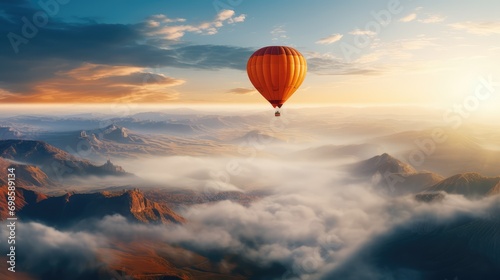 Hot air balloon flying over the clouds. AI generated. © Viktor