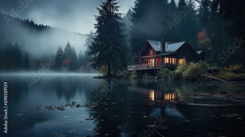Cozy house near the lake in the forest. AI generated. © Viktor