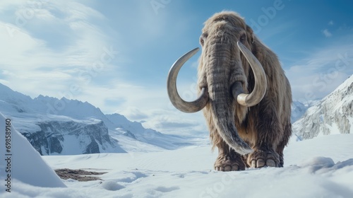 Alive mammoth walking in a snowy land. AI generated.