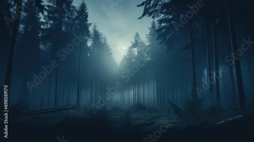 Foggy forest at night time. AI generated.