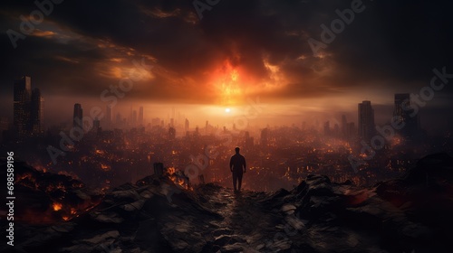 End of the world concept. Lonely person silhouette. AI generated. photo