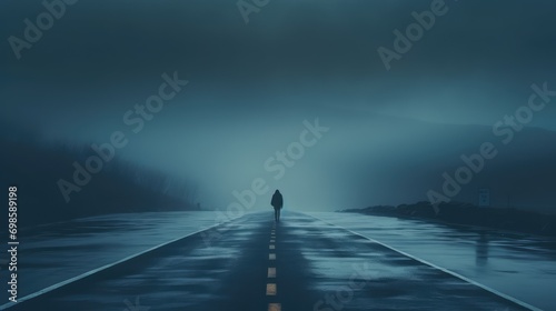 A lonely person silhouette walks the road. AI generated. photo