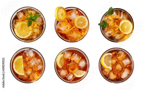 Collection of a glass of iced lemon tea isolated on a transparent background, top view
