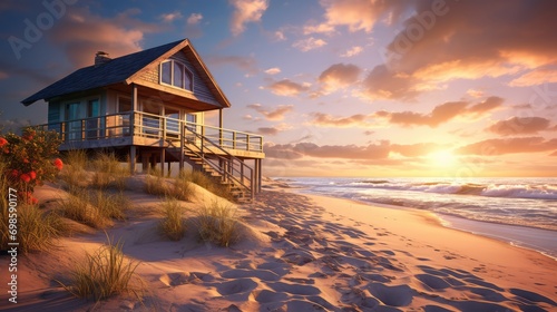 Beautiful house on the seashore. Stunning sunset. AI generated.