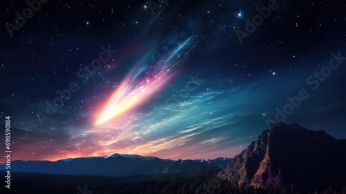 Bright comet falling landscape. AI generated.