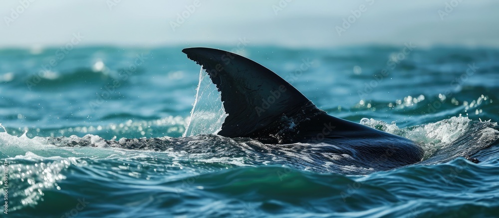 Naklejka premium Great white shark's tail fin seen in False Bay, South Africa.