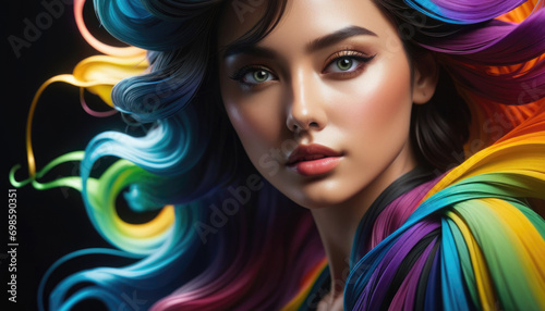 AI generated illustration of Beautiful girl with colorful hair , stunning eyes . 