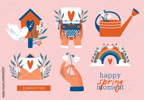 Happy Spring Moments. Set of cute vector illustration with starling nest box, bird, snowdrops, flowers, plants, mail, rainbow, hand, typewriter, watering can, labels. Collection of cartoon clip arts.