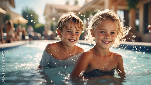 Happy kids swimming in a large pool. beautiful boy and girl enjoying in pool. Summer holidays 