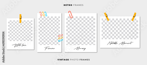 Polaroid Photo Frames Cartoon Collection. Retro Colorful Photo Mockups with Media Placeholders and Texts. Vintage Frame Cards. Vector Illustrations.
