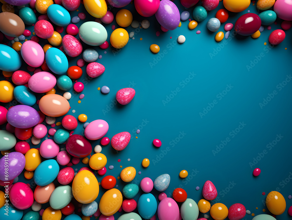 Abstract background with easter eggs and blue table with copy space inside Abstract background with easter eggs and blue table with copy space inside