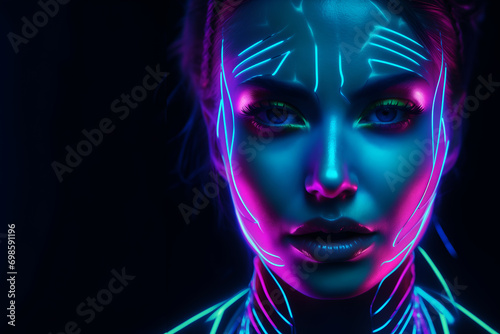 Fashion Surreal Concept. Closeup portrait of stunning girl portrait with abstract, graphic highlighters rainbow ultra-bright neon lines . dynamic dramatic composition, advertisement, copy space   © Sandra Chia