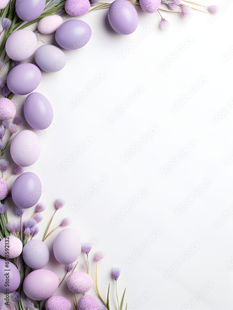 Obraz premium Pastel purple easter eggs frame background with free copy space inside 