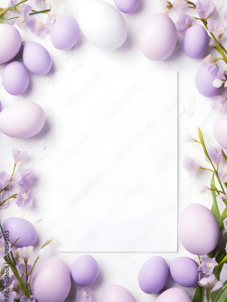 Pastel purple easter eggs frame background with free copy space inside 