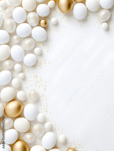 White and golden easter eggs frame background with free copy space inside 