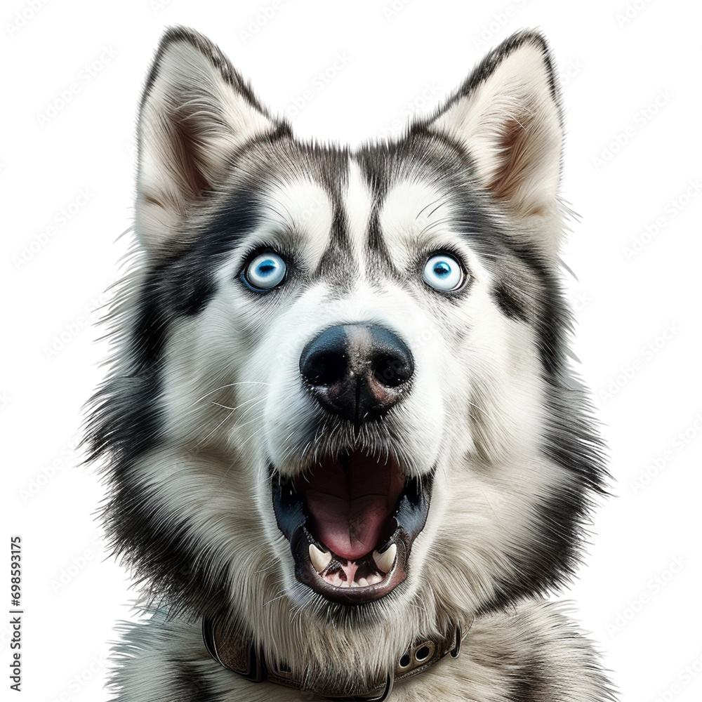 マラミュート犬の驚いた顔(白背景,背景無し,切り抜き)