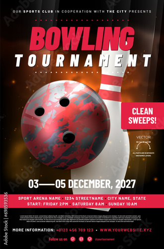 Bowling tournament poster template with ball, sweep and sample text in separate layer - vector illustration