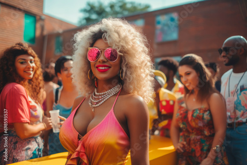 Community Festivities: 90s Block Party BBQ - A Snapshot of Neighborhood Togetherness with Barbecue, Street Games, and Socializing, Infused with Colorful Fashion and the Spirited Atmosphere of the Era.