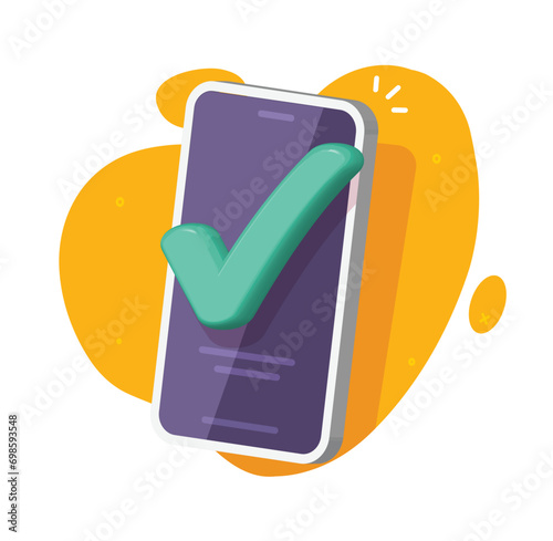 Cell phone 3d check mark vote poll icon vector graphic illustration, cellphone smartphone approve accept tick notice, mobile examine agreement, confirm app update, correct confirm checklist image