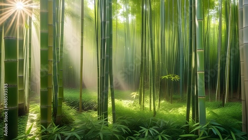 A lush bamboo forest with sunlight streaming through the dense canopy  creating patterns on the vibrant green floor. 