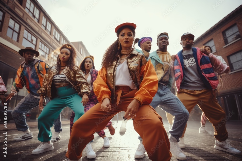 Urban Beats of the 90s: Hip-Hop Dance Group in Expressive Movements and Street Fashion, Channeling the Authentic Groove and Style Inspired by the Vibrant Hip-Hop Culture of the Era.
Urban Beats of the 90s: Hip-Hop Dance Group in Expressive Movements and Street Fashion, Channeling the Authentic Groove and Style Inspired by the Vibrant Hip-Hop Culture of the Era.