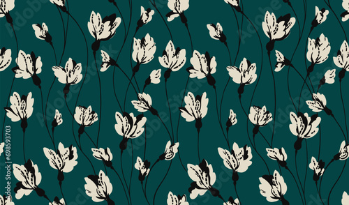 Seamless artistic, abstract, minimalistic, creative branches flowers pattern. Vector hand drawn. Retro simple  floral print. Template for design, fabric, fashion, wallpaper, surface design