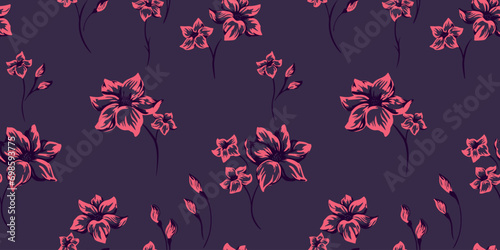 Vector hand drawn sketch shape flowers. Seamless pattern with abstract stylized floral.  Design ornament for fabric; interior decor,  textile,  fashion, wallpaper,  surface design