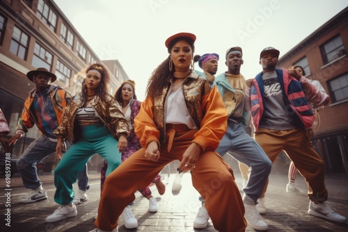 Urban Beats of the 90s: Hip-Hop Dance Group in Expressive Movements and Street Fashion, Channeling the Authentic Groove and Style Inspired by the Vibrant Hip-Hop Culture of the Era.